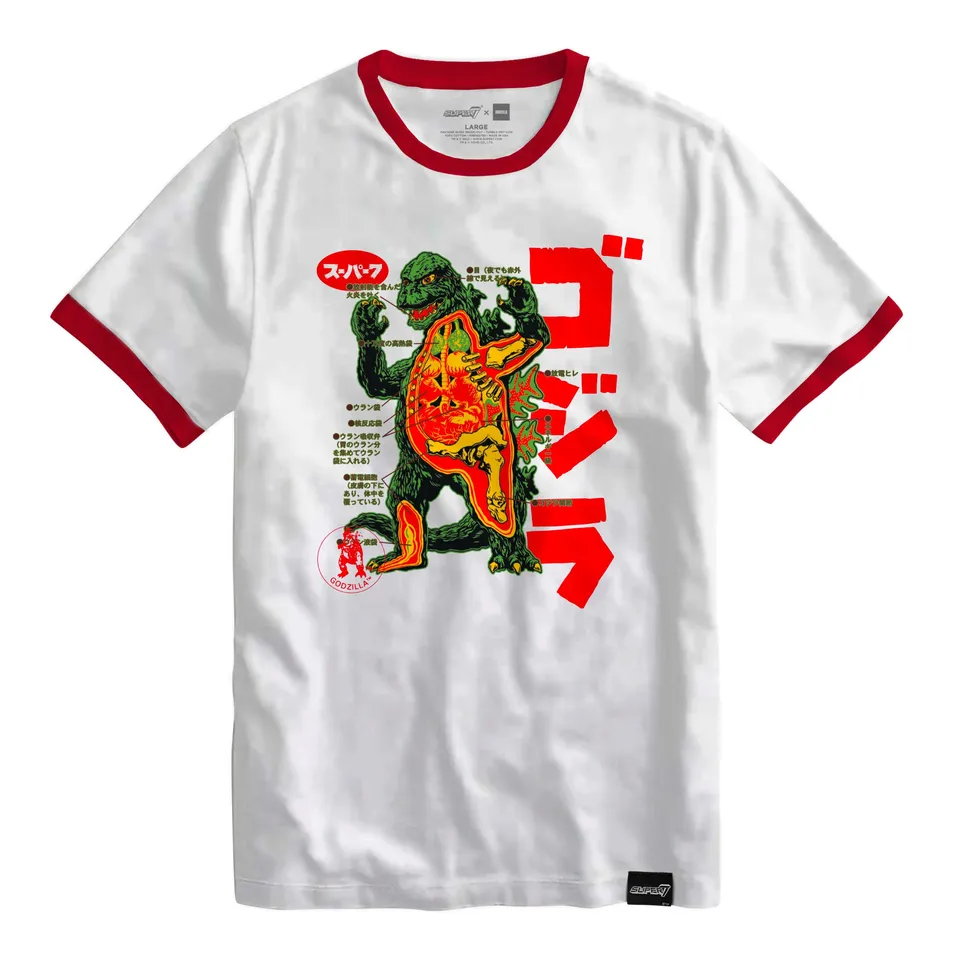 Super7 Toho Godzilla Anatomic tricou ringer bumbac alb