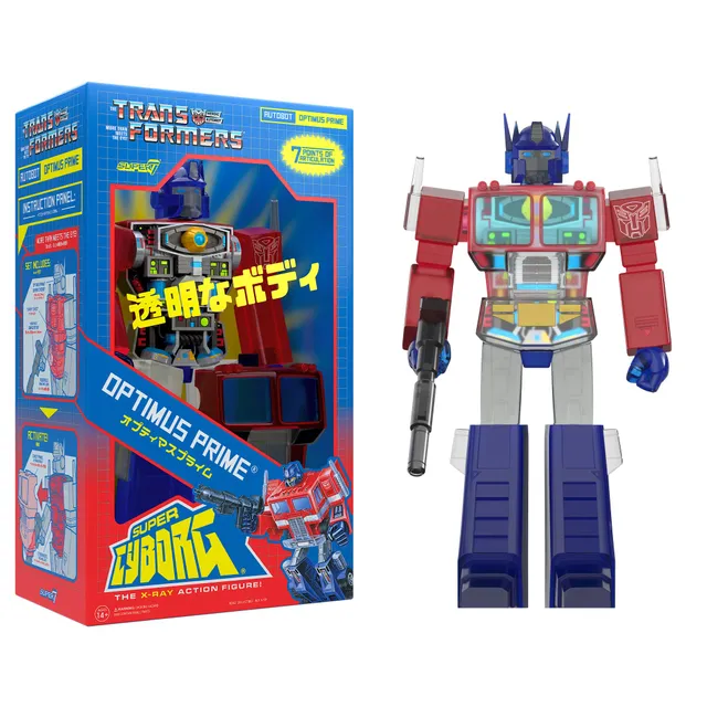 Super7 Super Cyborg Optimus Prime figurina rosu transparent