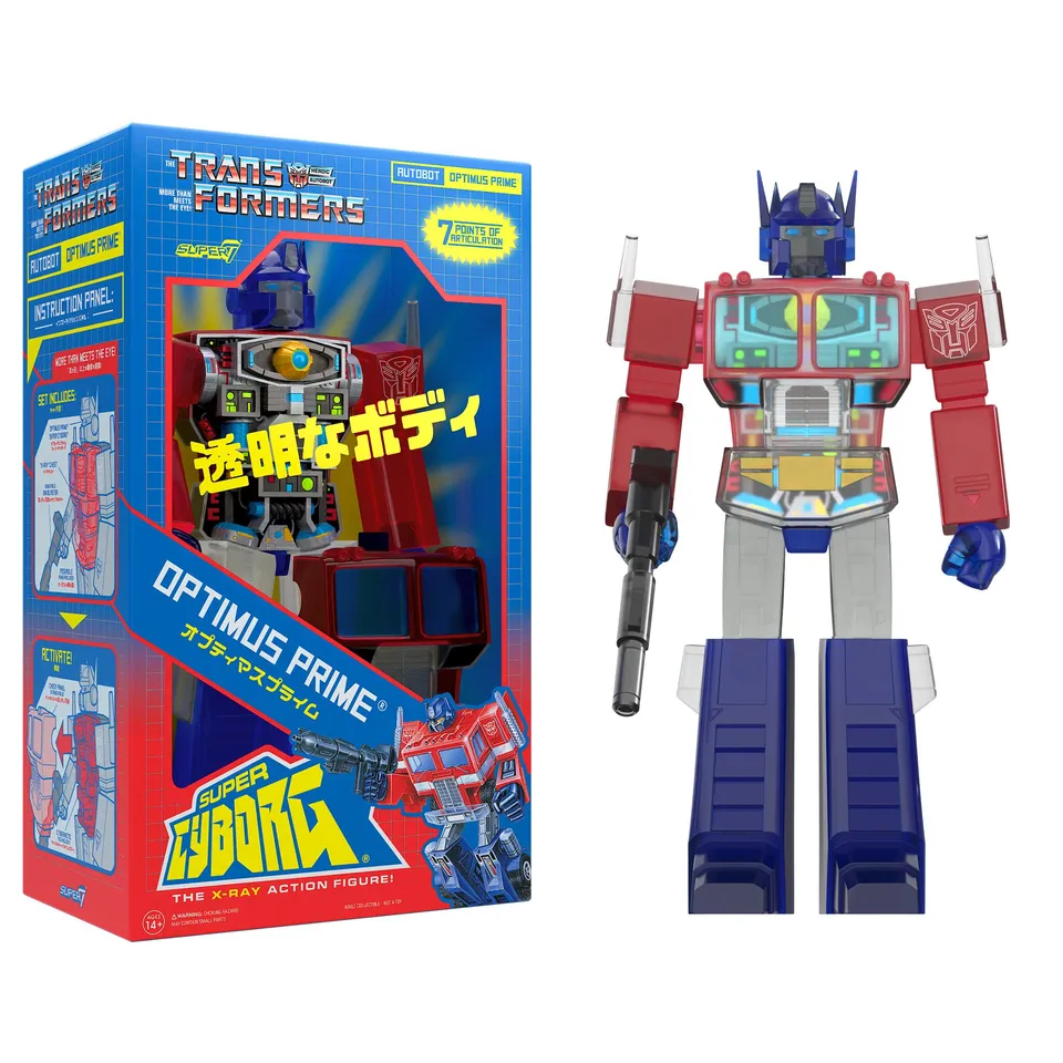 Super7 Super Cyborg Optimus Prime figurina rosu transparent