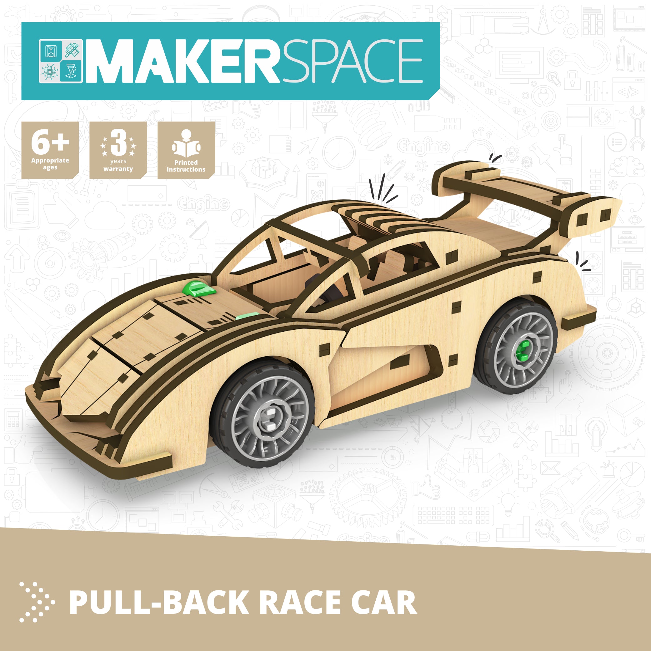 Engino Makerspace DIY masinuta pull-back lemn 8+ ani