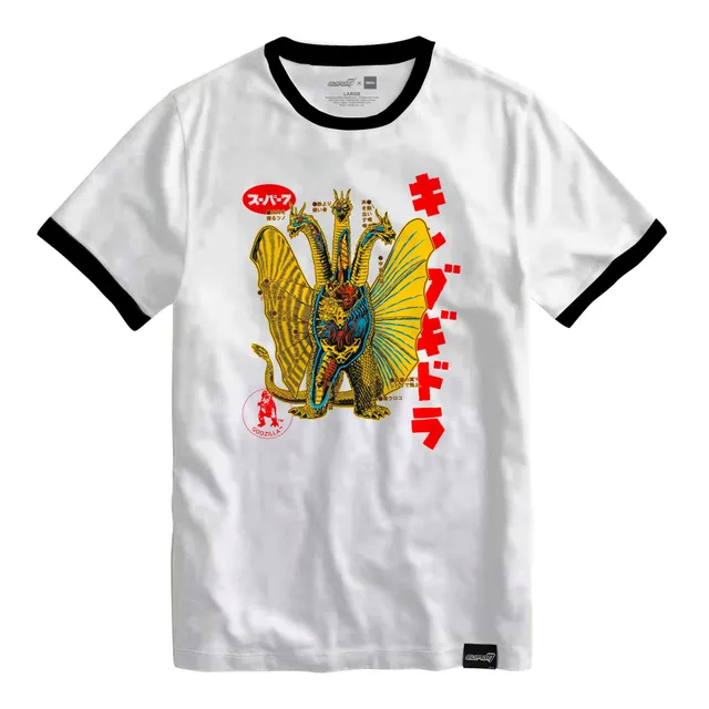 Super7 Toho King Ghidorah Ringer tricou alb bumbac