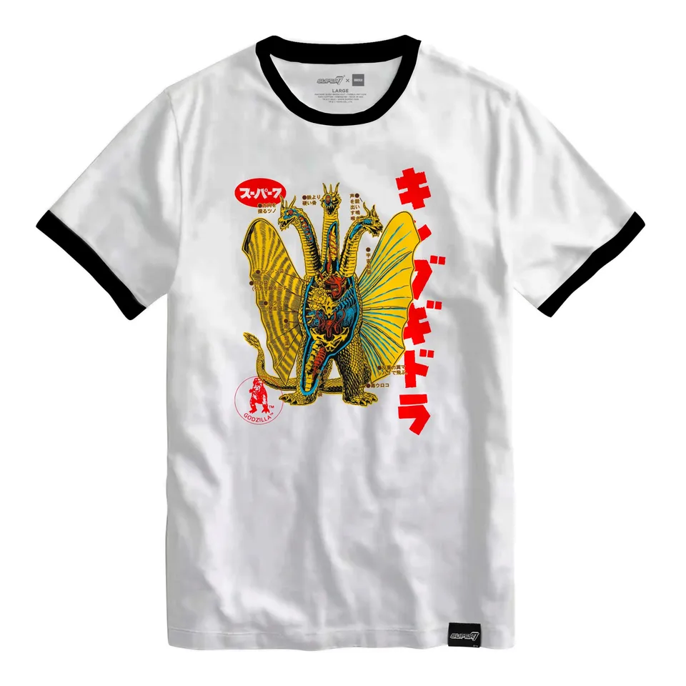 Super7 Toho King Ghidorah Ringer tricou alb bumbac