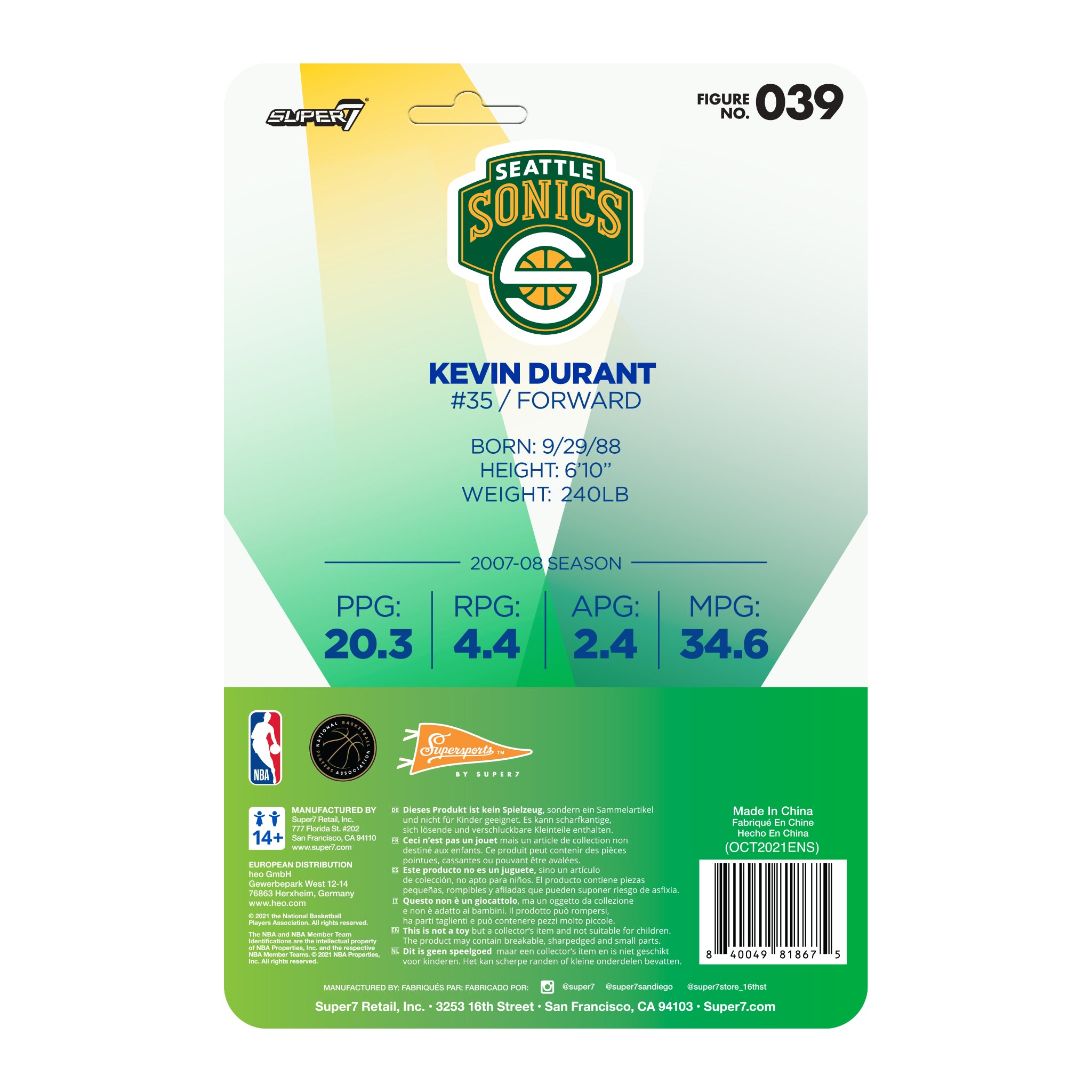 Super7 NBA Hardwood Classics Kevin Durant figurina 9,5 cm verde