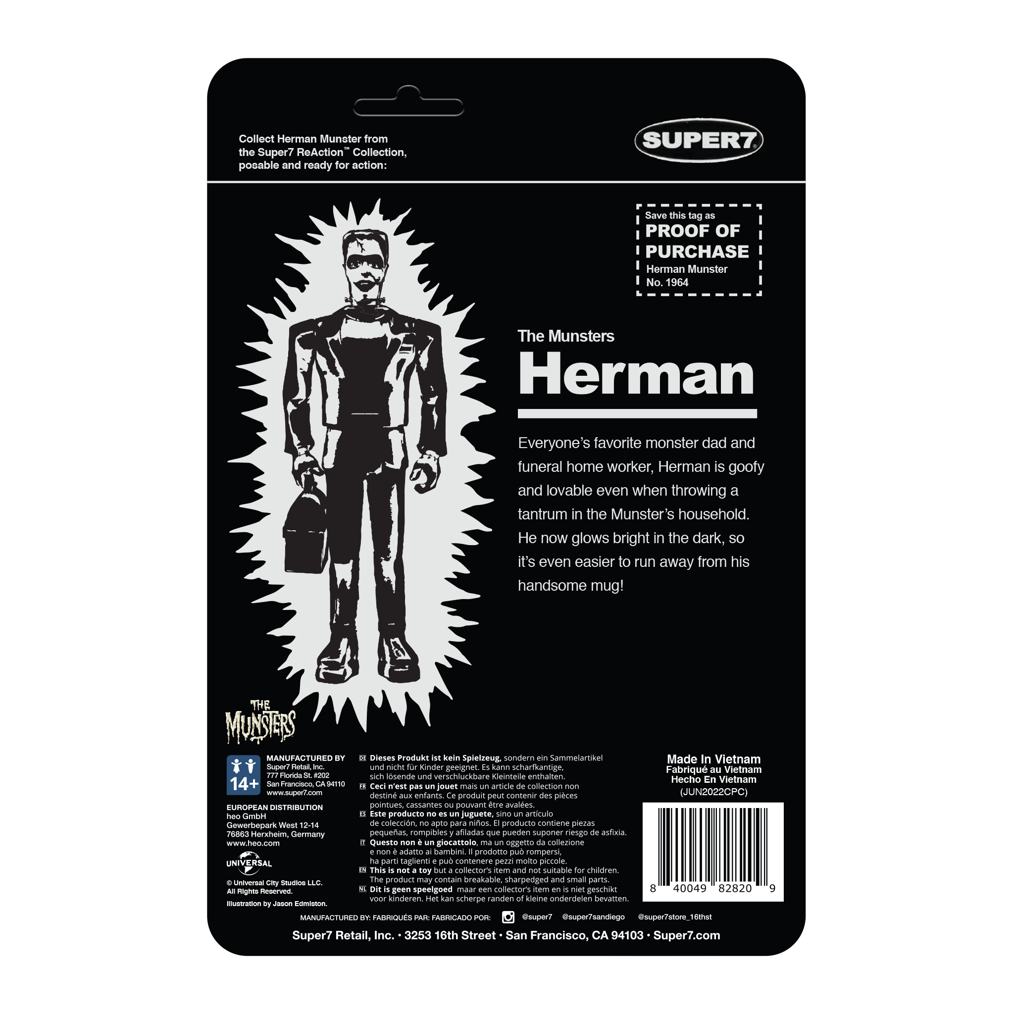 Super7 ReAction Herman Munster Monster Glow figurină fosforescentă