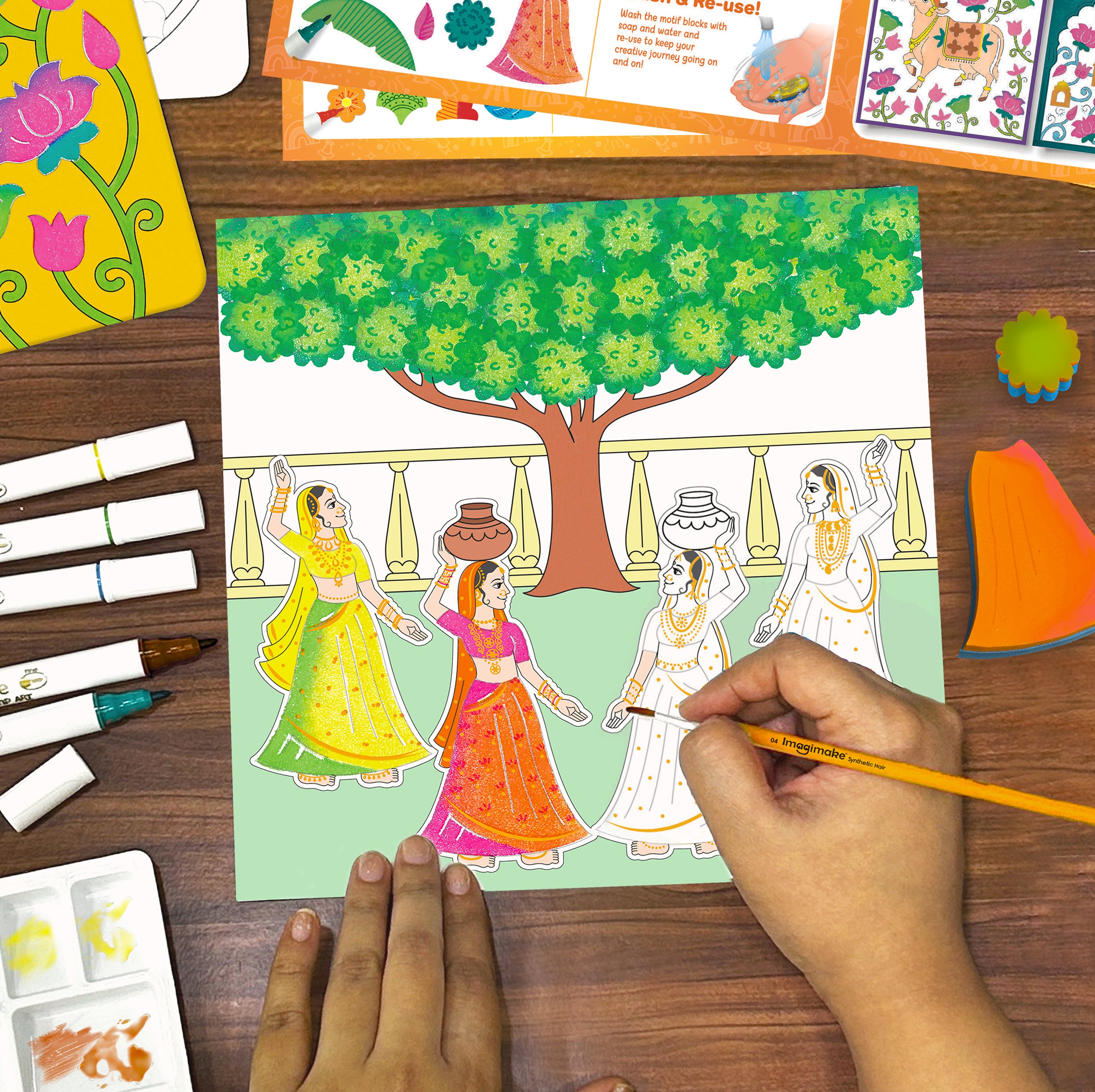 Imagimake DIY Pichwai Kit pictura 3 panze acuarela