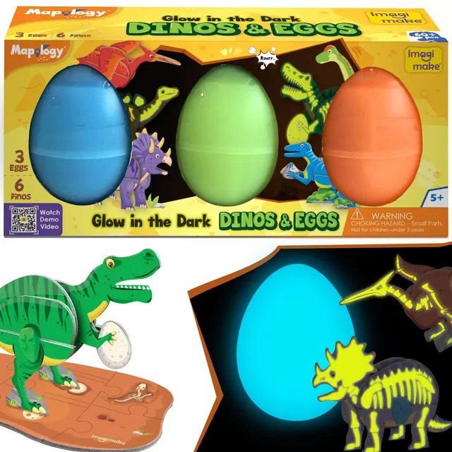 Imagimake Dinos Eggs set dinozauri 3 buc fosforescent