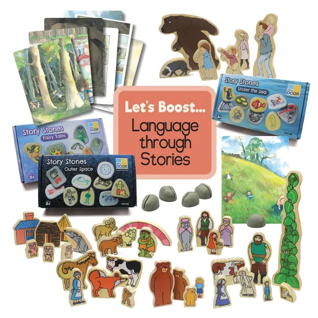 Yellow Door Let's Boost kit limbaj povesti lemn story stones