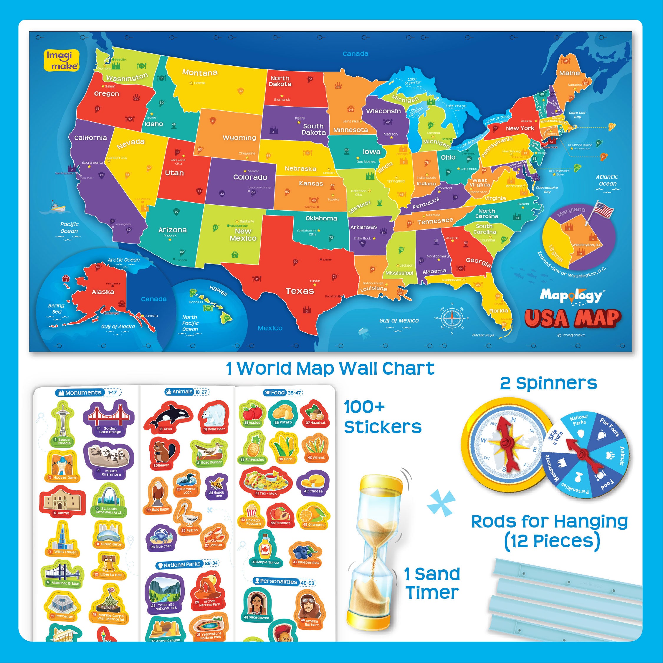 Imagimake Mapology USA Map harta de perete cu 105 stickere