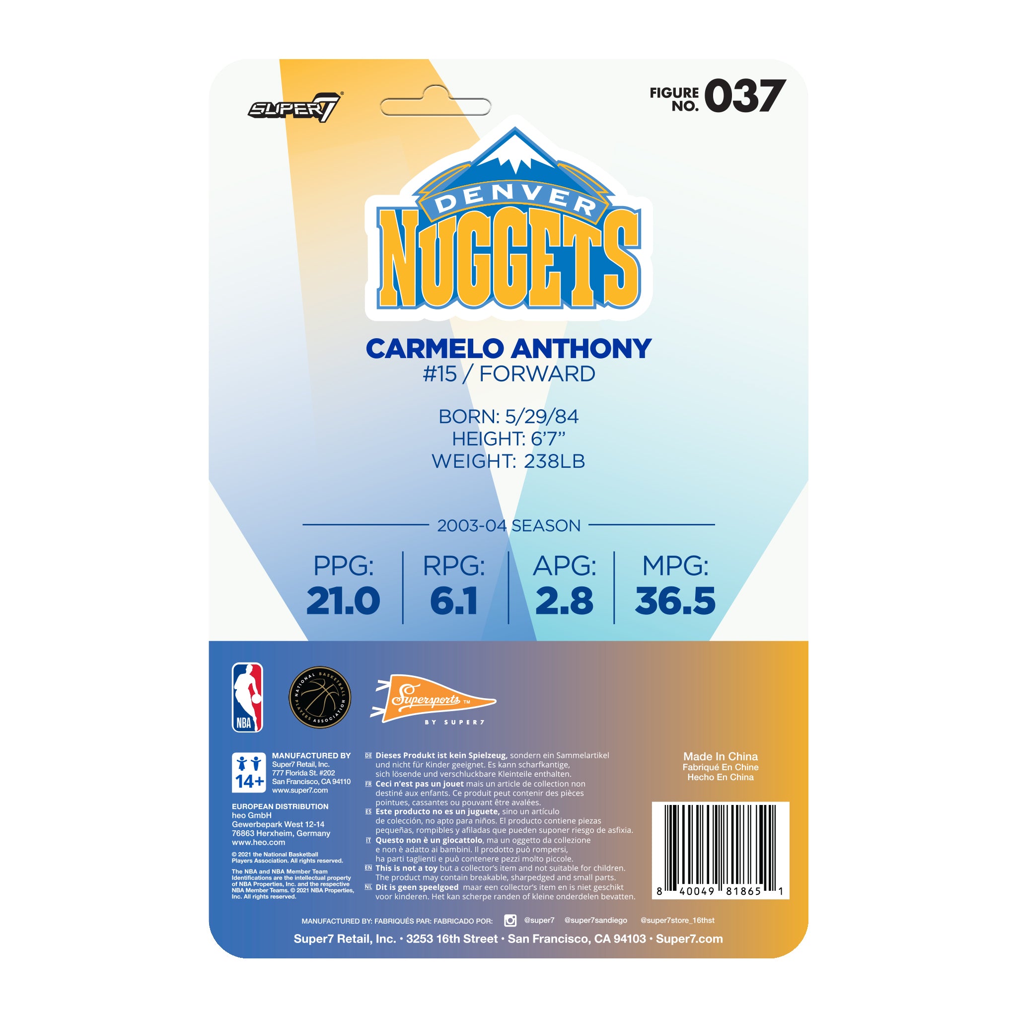 Super7 NBA Hardwood Classics W1 Carmelo Anthony Nuggets figură Blue