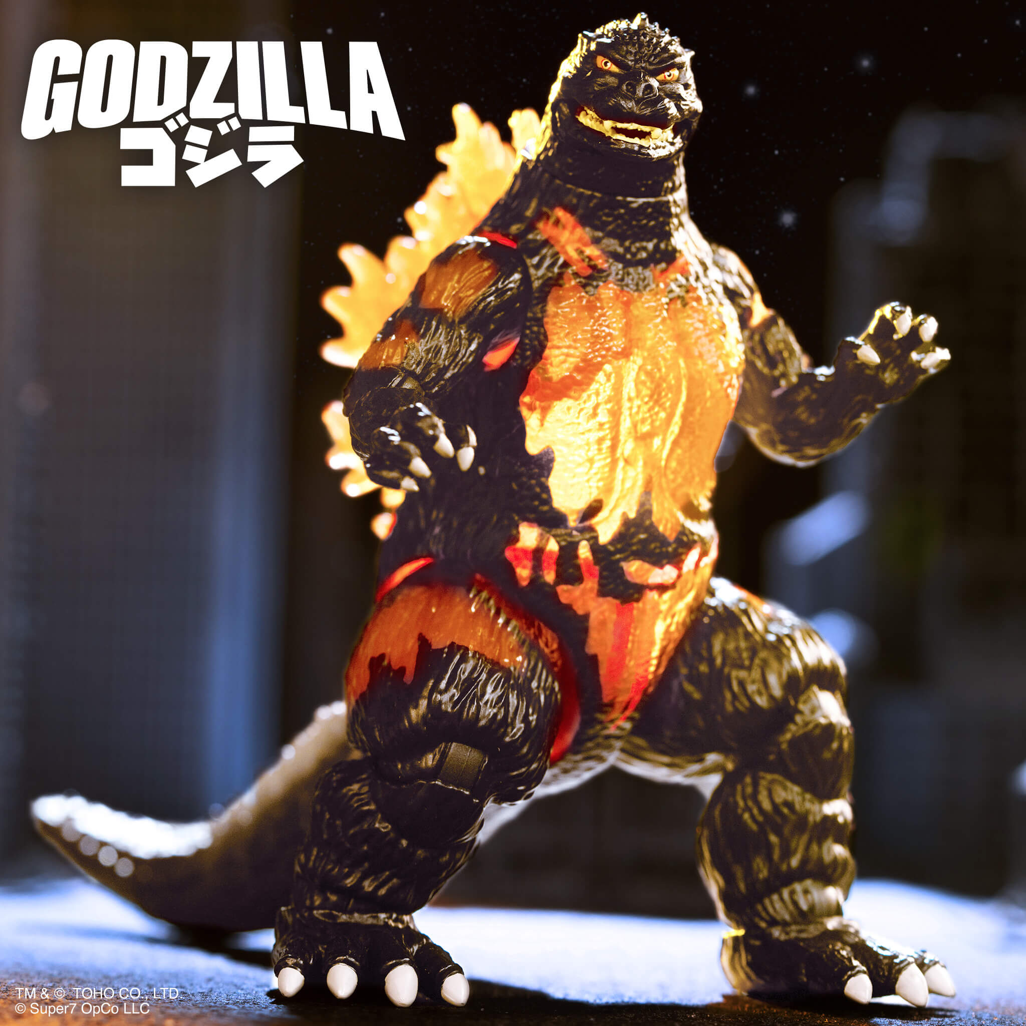 Super7 Toho Super Kaiju Burning Godzilla 1995 figurina 14 cm translucid