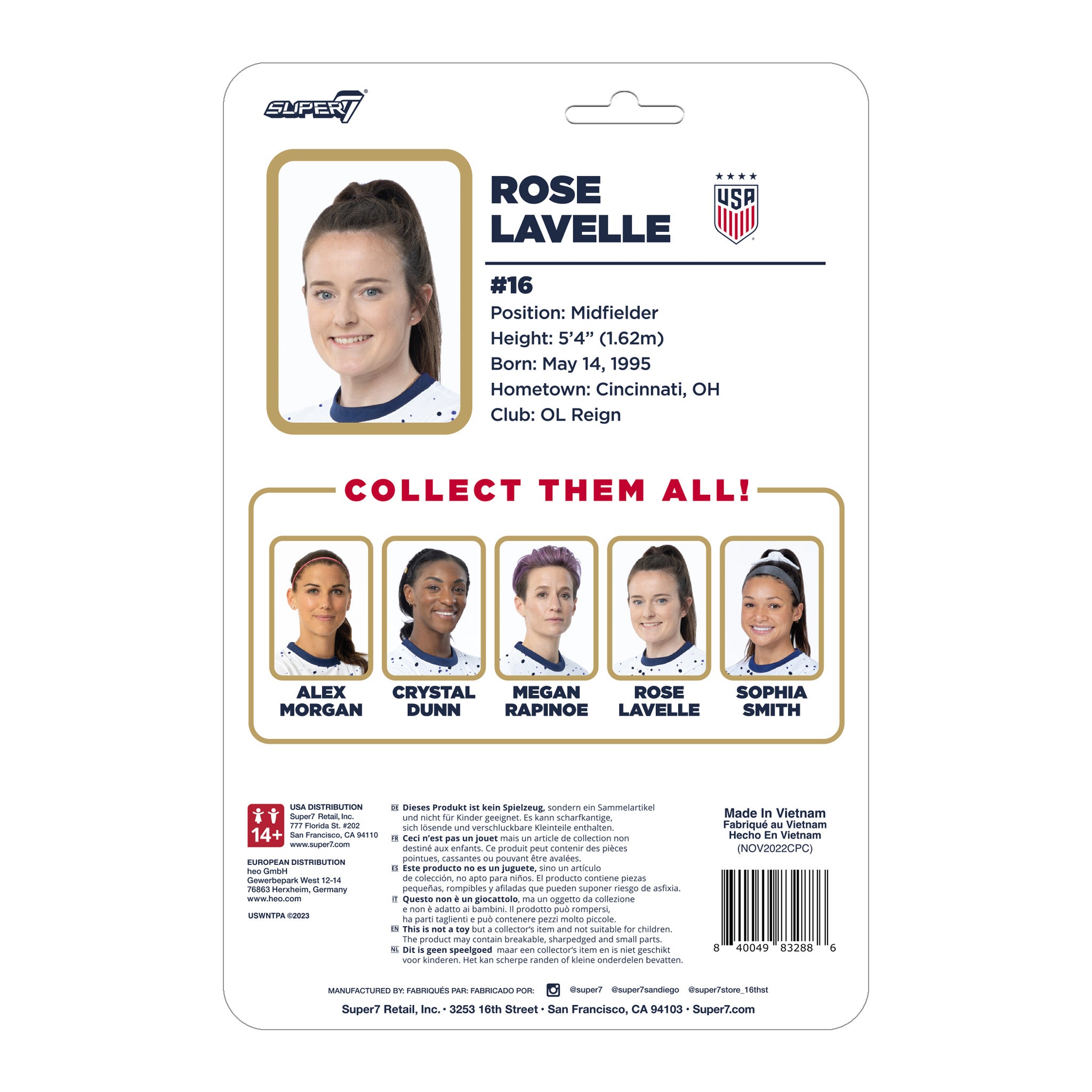 Super7 USWNT Rose Lavelle figurina fotbal echipament