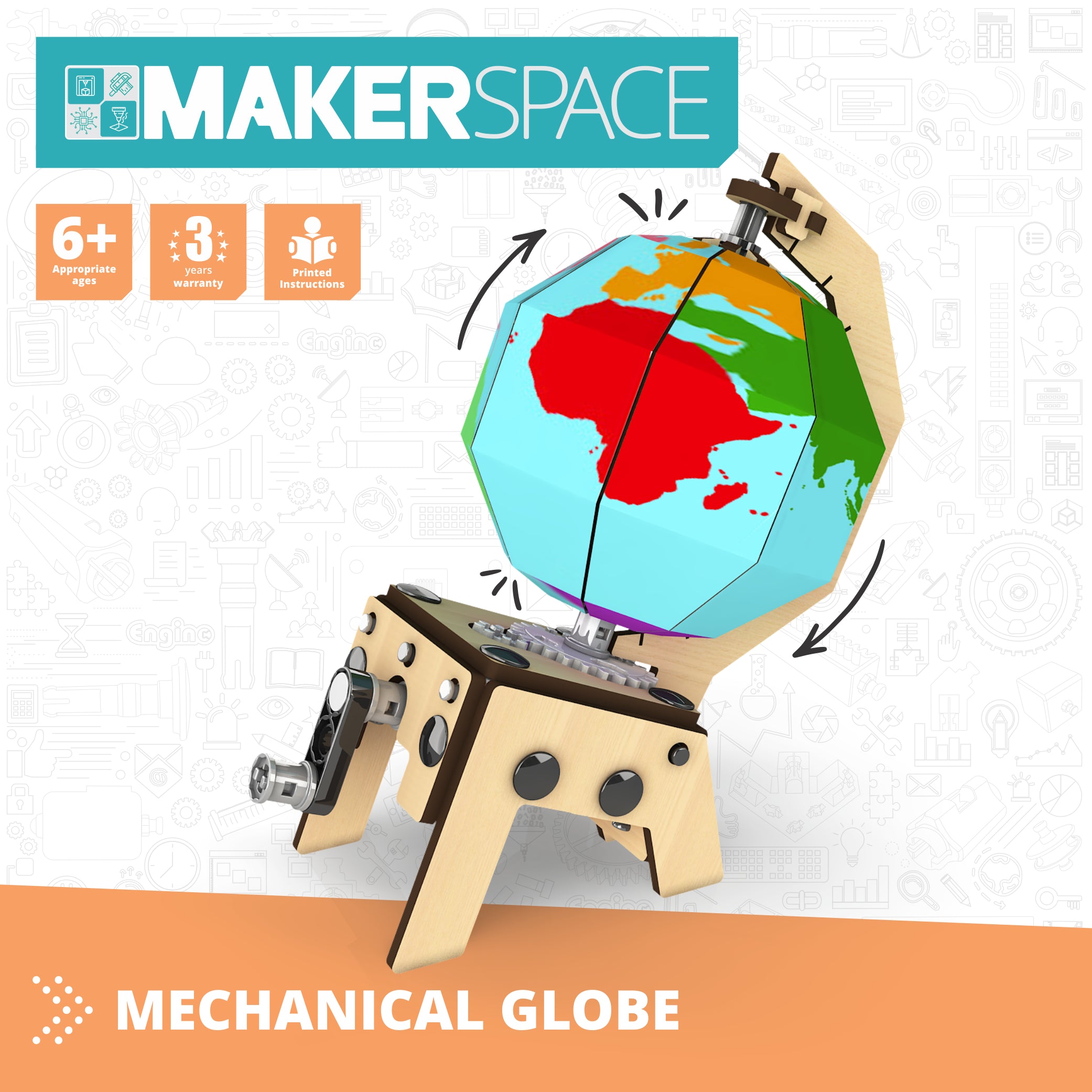 Engino Makerspace DIY Mechanical Globe glob mecanic lemn