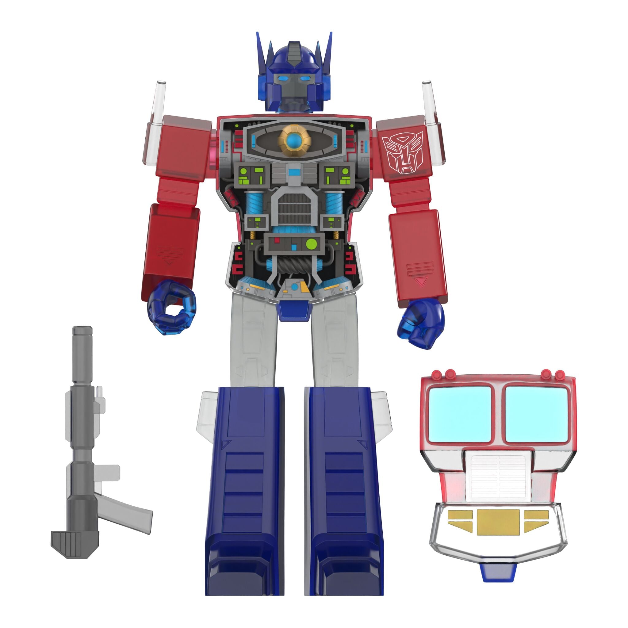 Super7 Super Cyborg Optimus Prime figurina rosu transparent