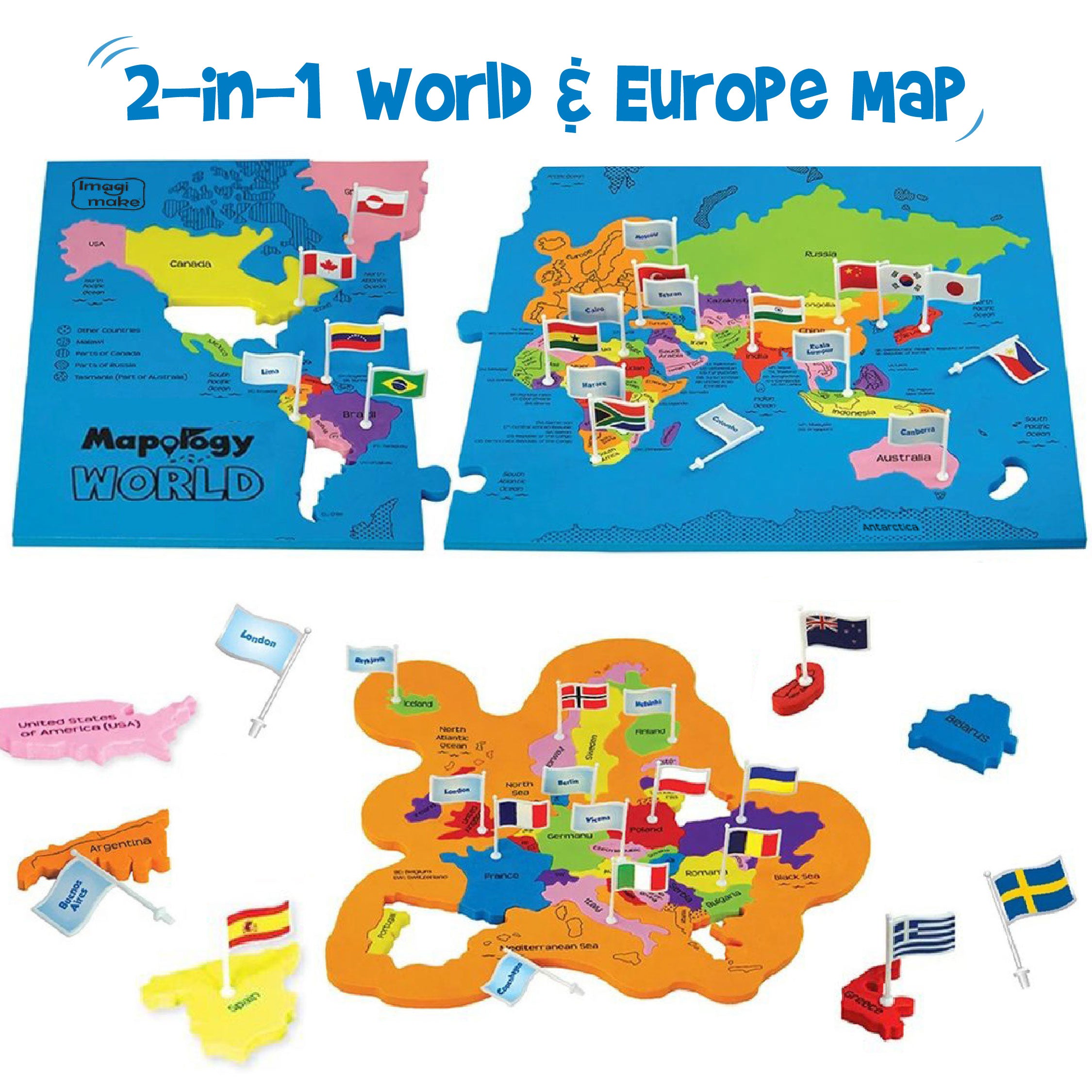 Imagimake Mapology World puzzle harta 78 piese steaguri