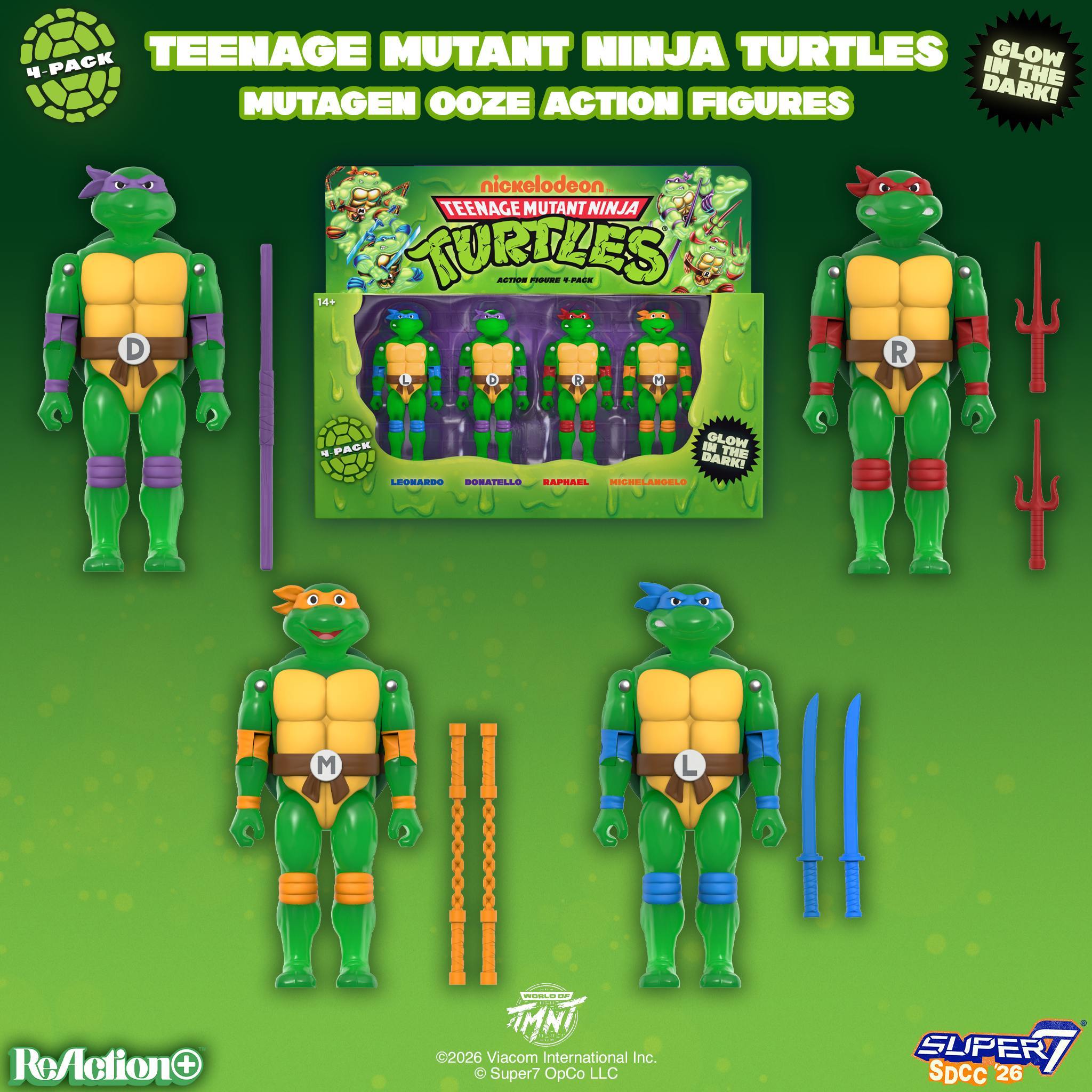 Super7 TMNT ReAction+ Mutagen Ooze set 4 figurine glow
