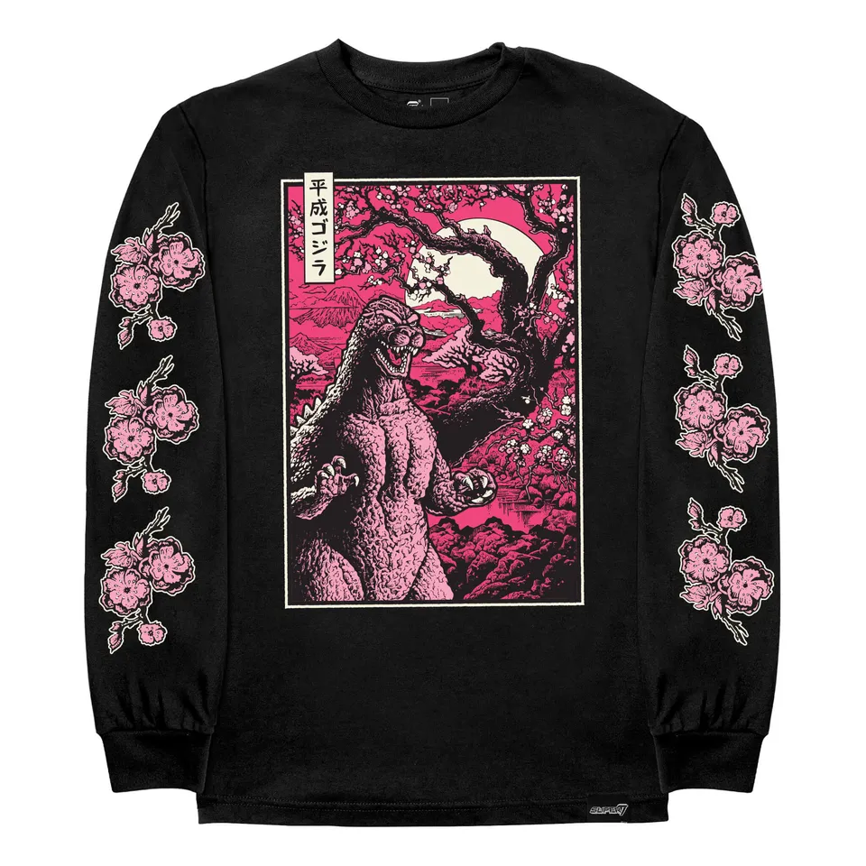 Super7 Toho Godzilla Cherry Blossom tricou negru mânecă lungă