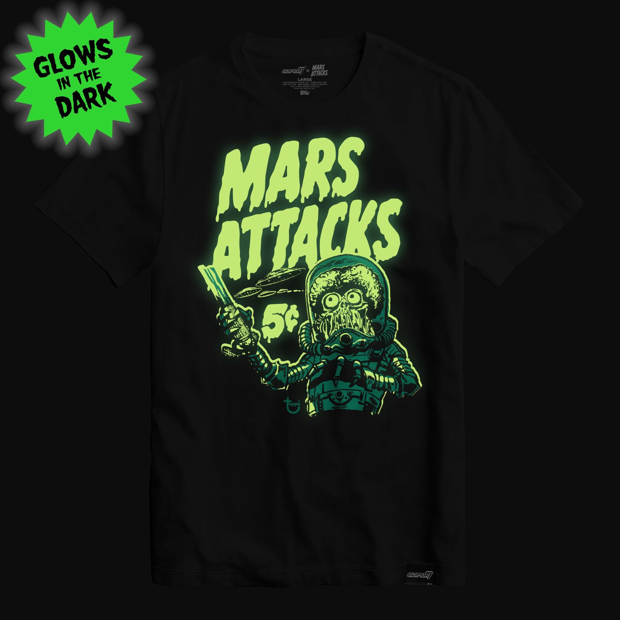 Super7 Mars Attacks Wax Wrapper tricou negru fosforescent