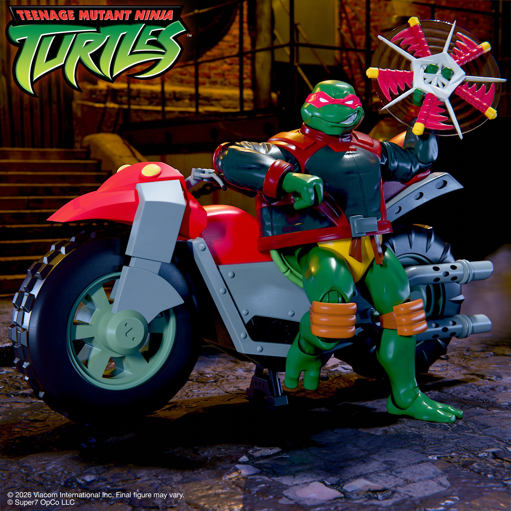 Super7 ULTIMATES TMNT Shell Cycle vehicul roșu cu efecte