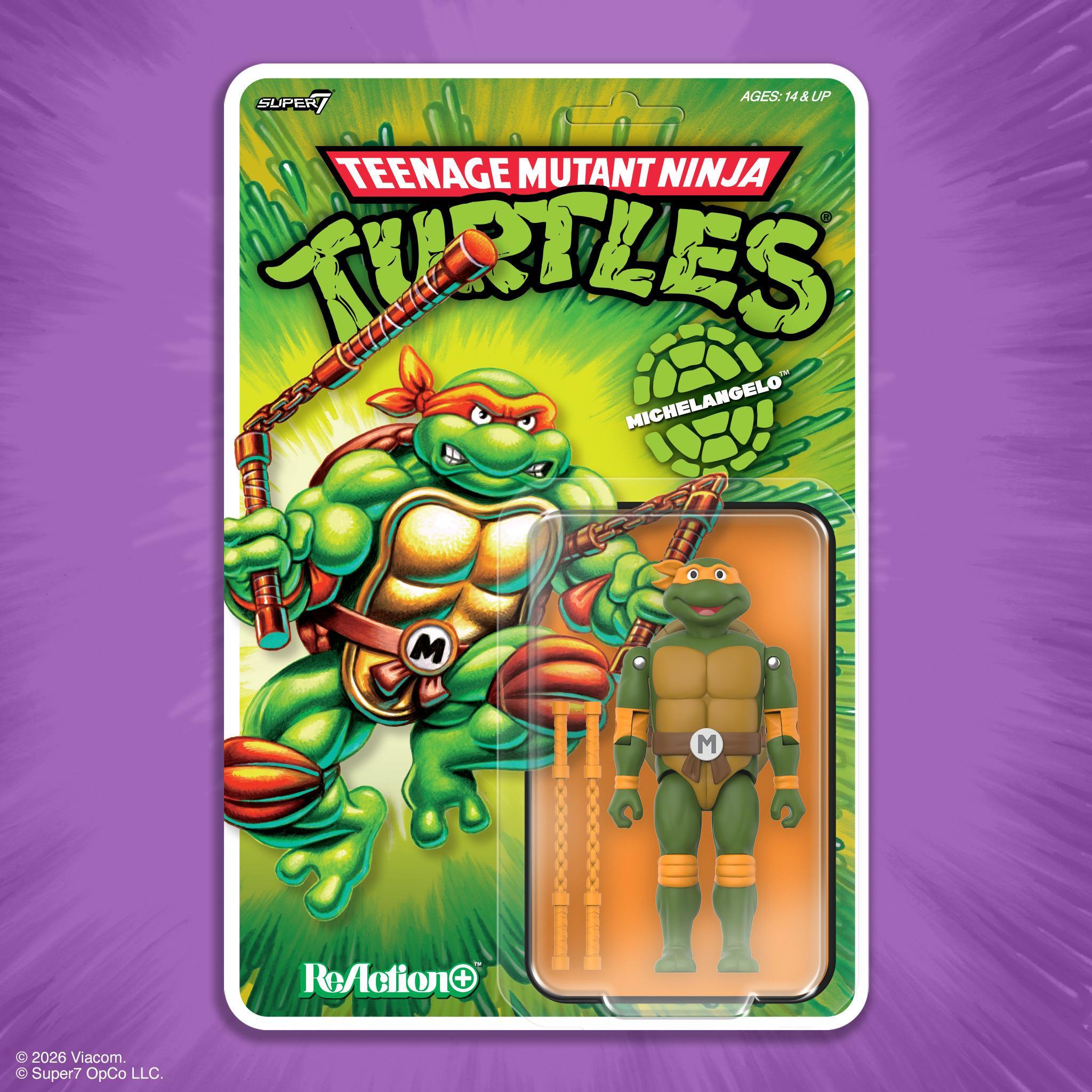 Super7 ReAction+ Michelangelo figurina 10 cm nunchaku