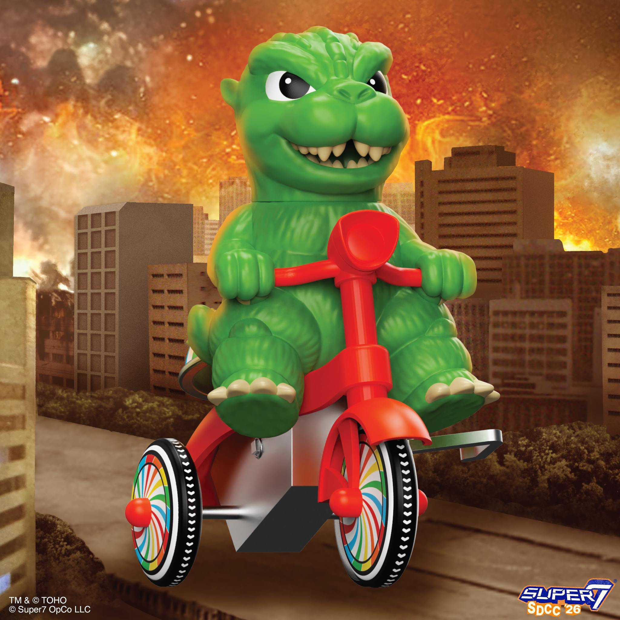 Super7 Toho Super Cycles Godzilla tricicleta verde rosu