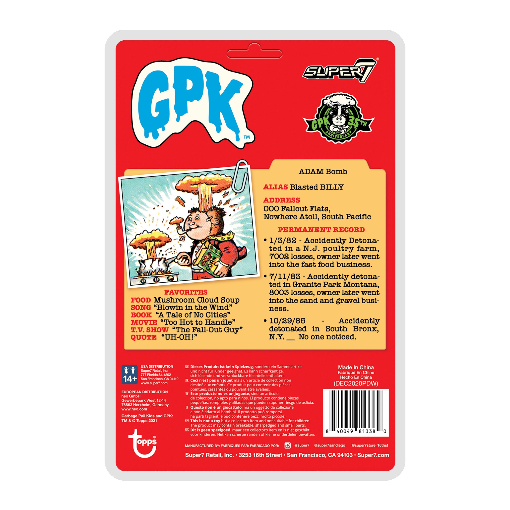 Super7 Garbage Pail Kids Adam Bomb figurina rosie