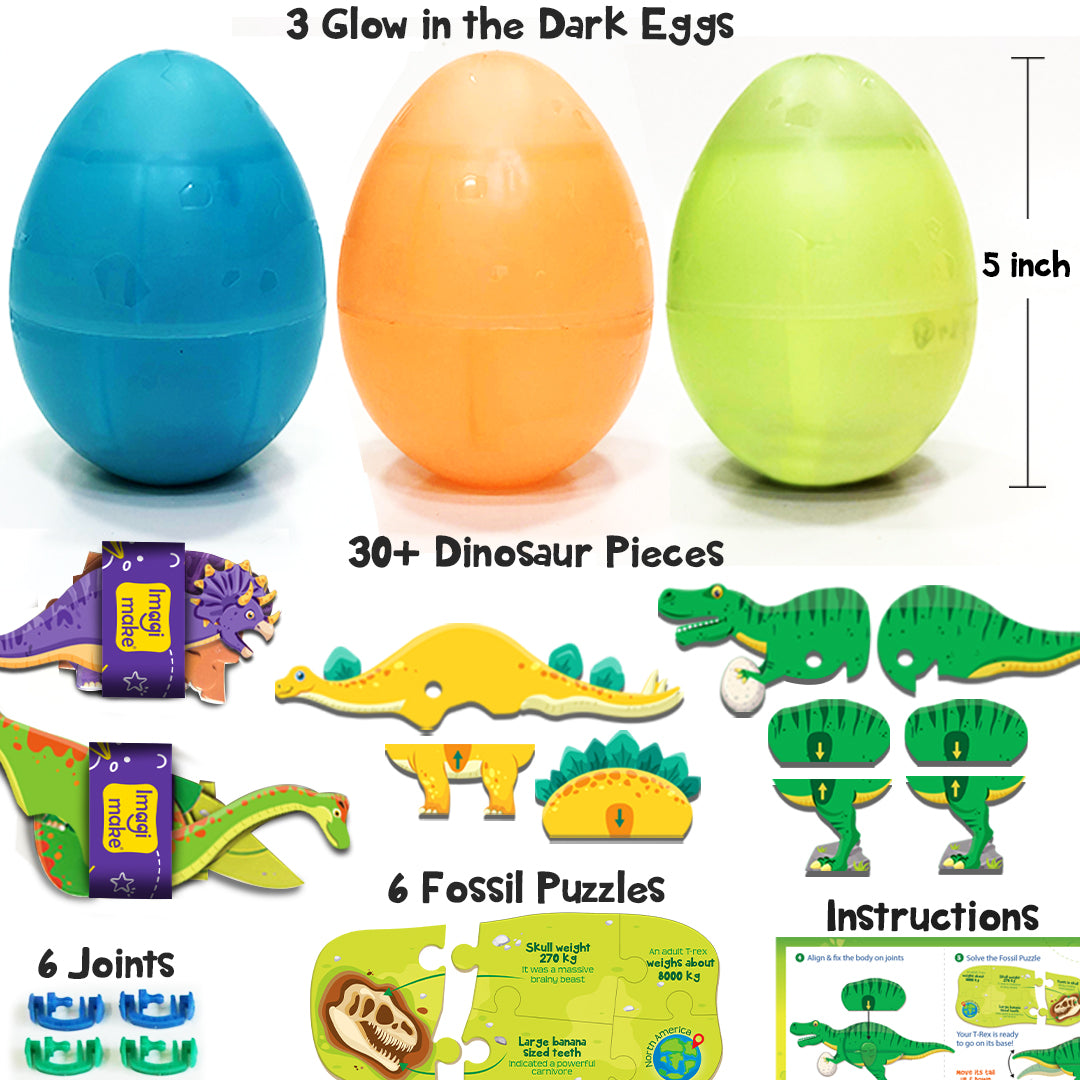 Imagimake Dinos Eggs set dinozauri 3 buc fosforescent