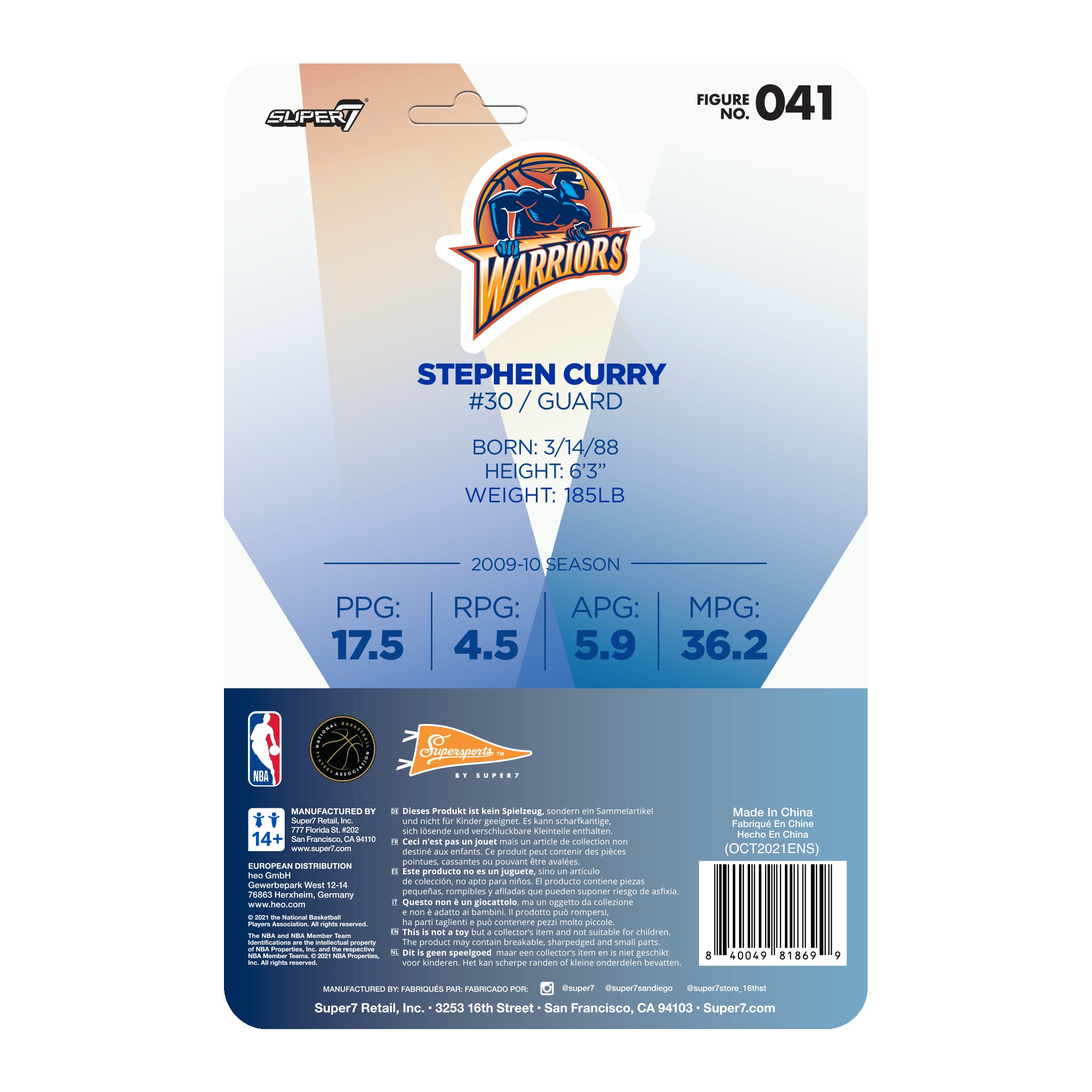 Super7 NBA ReAction Steph Curry Warriors figurina 9,5 cm
