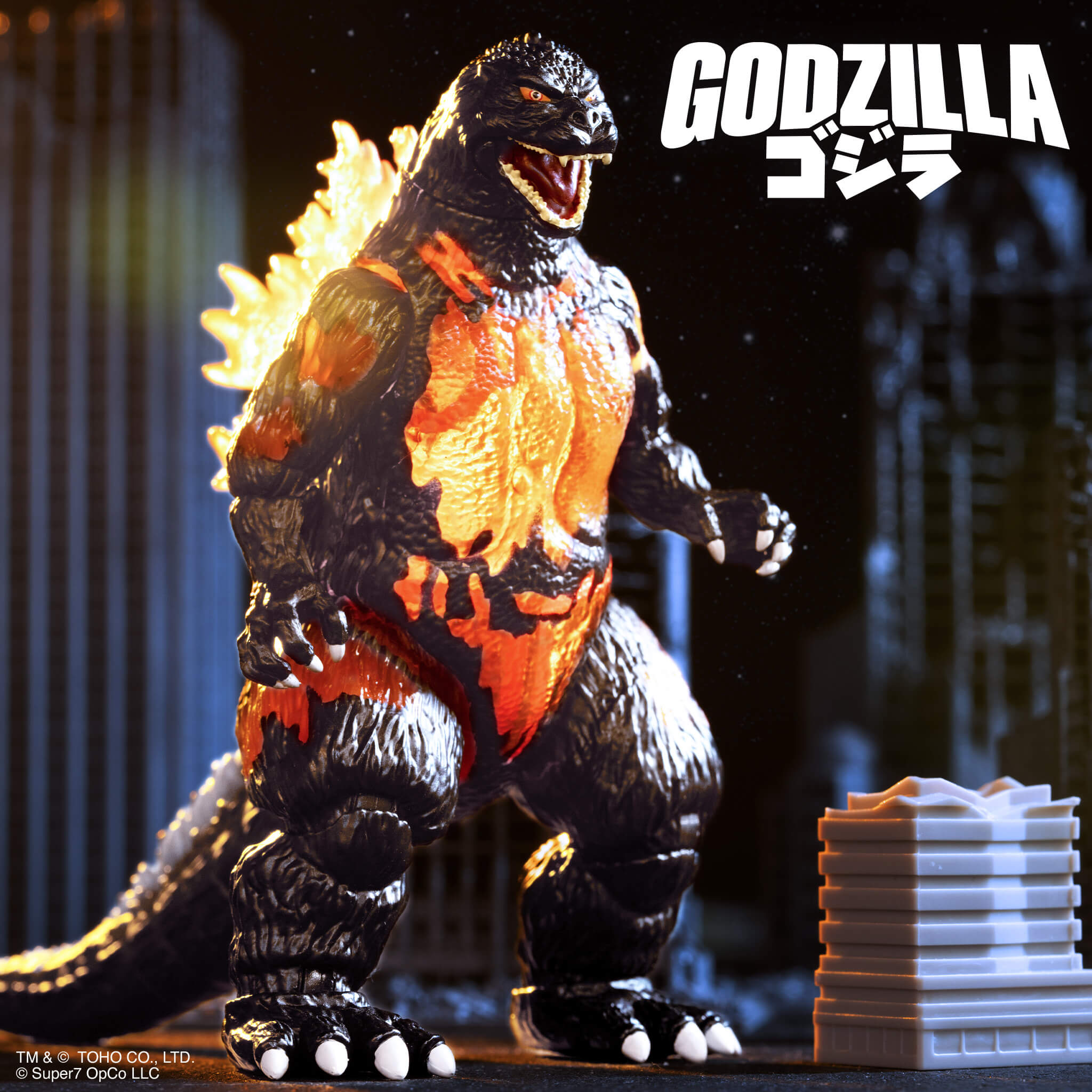 Super7 Toho Super Kaiju Burning Godzilla 1995 figurina 14 cm translucid