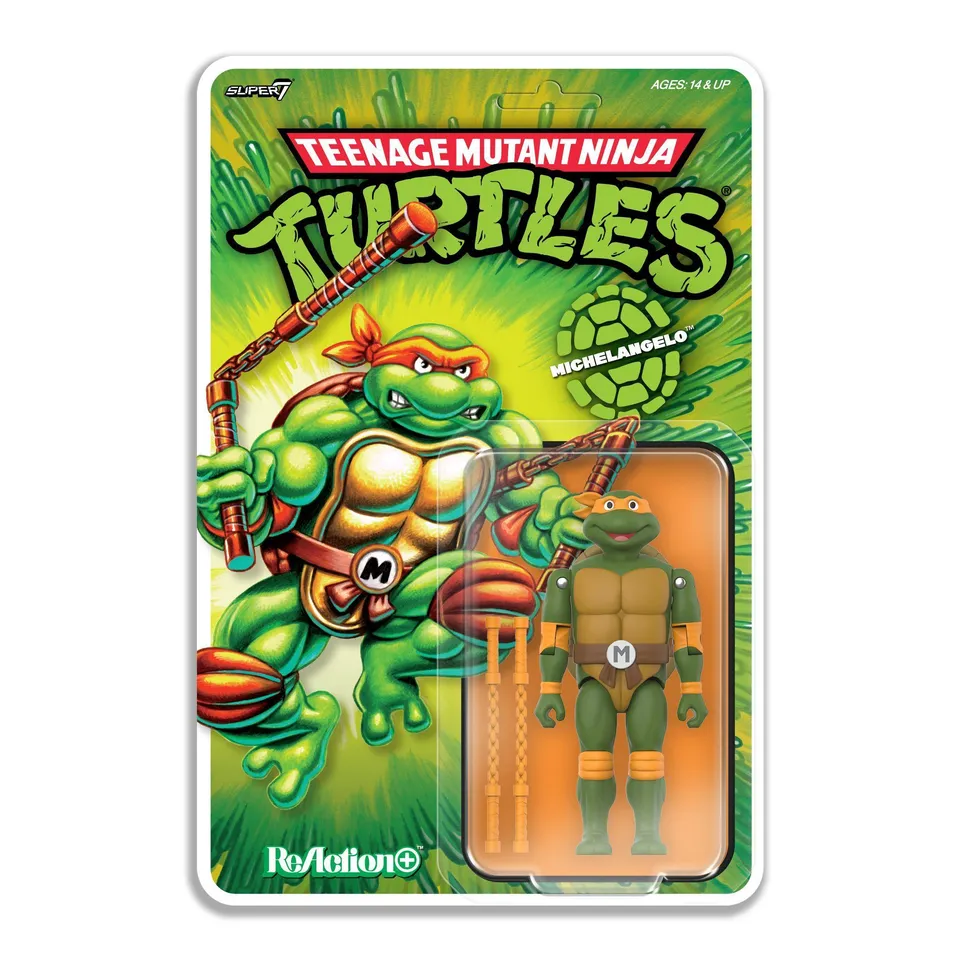 Super7 ReAction+ Michelangelo figurina 10 cm nunchaku