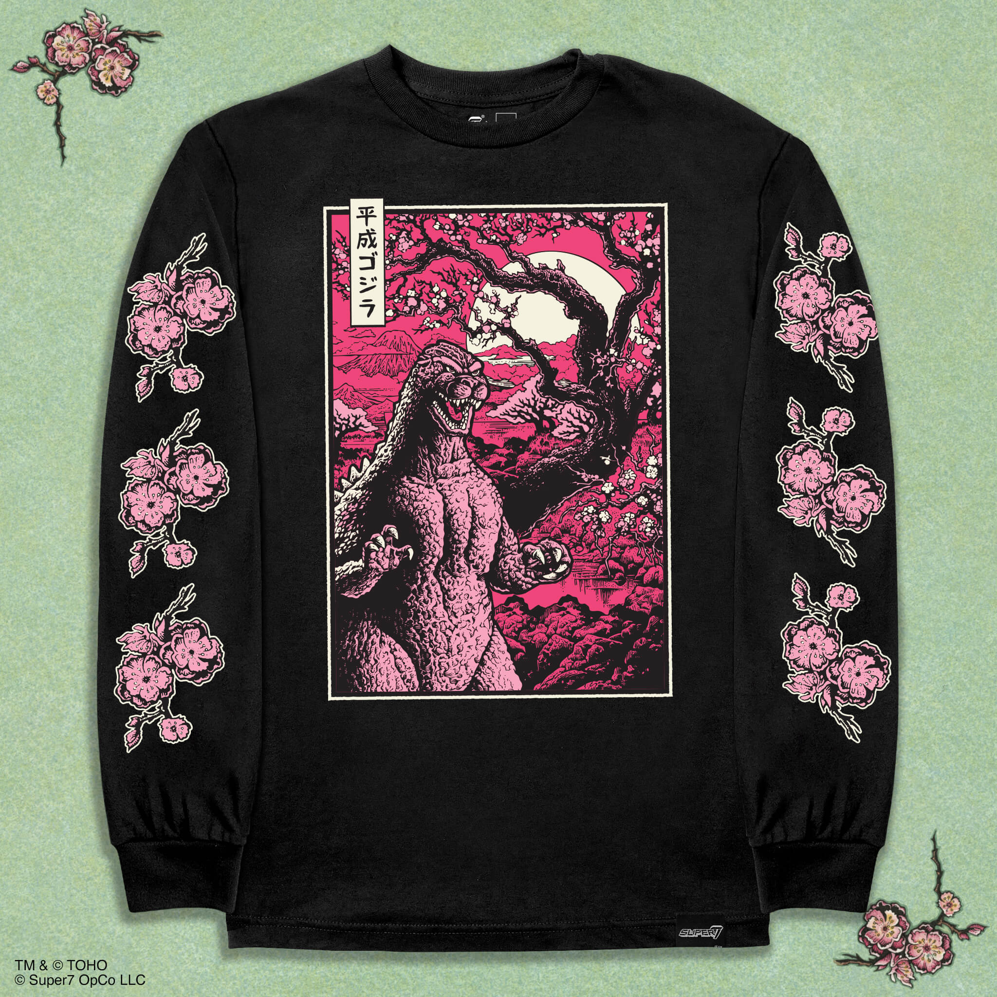 Super7 Toho Godzilla Cherry Blossom tricou negru mânecă lungă