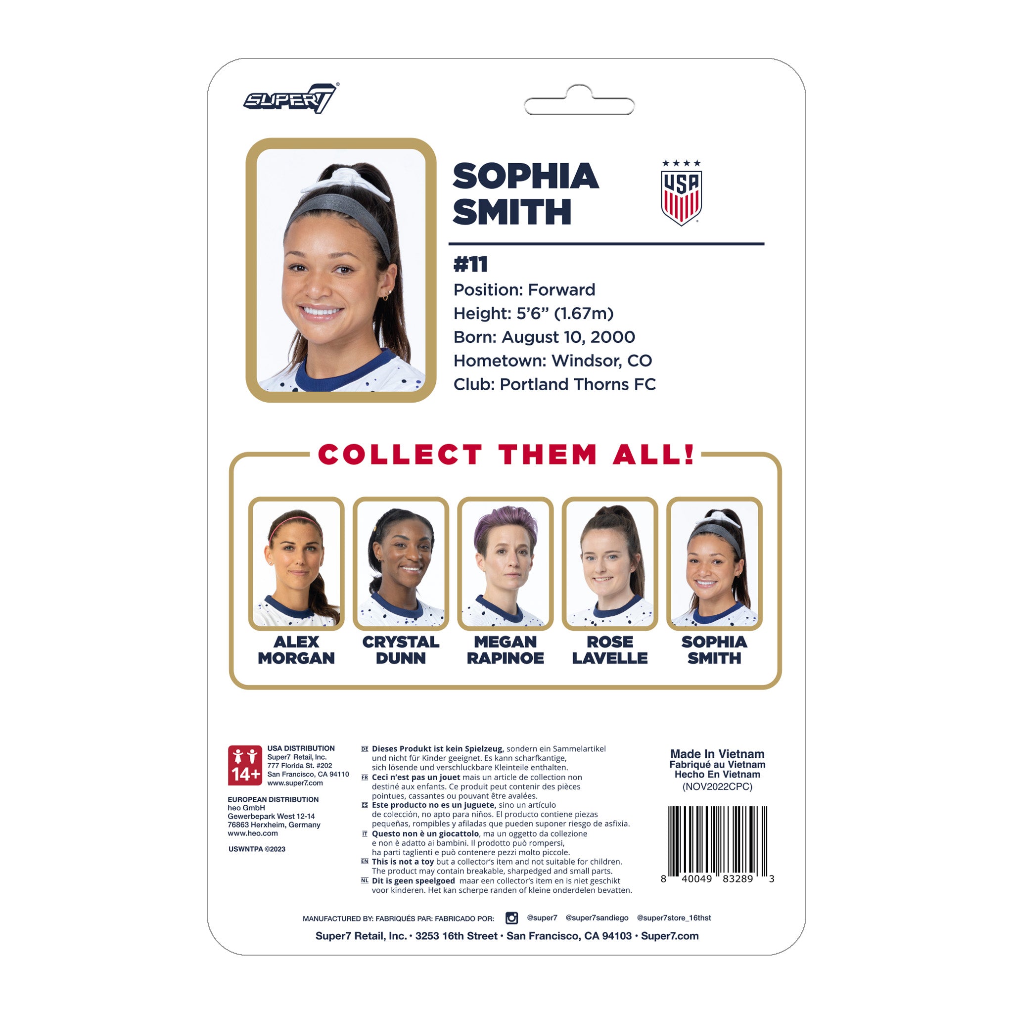 Super7 ReAction USWNT Sophia Smith figurina echipament acasă